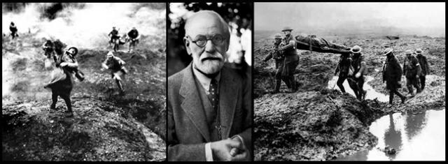 Sigmund Freud in the early 1930s and images from World War One